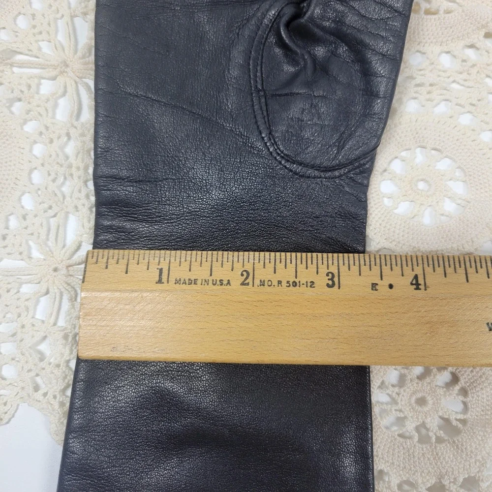 Vintage Long Black Leather Gloves Silk Lined Size 6.5 Elbow Length Evening Opera